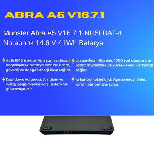 Monster Abra A5 V16.7.1 NH50BAT-4 Notebook 14.6 V 41Wh Batarya – Orjinal Uyumlu, Yüksek Performanslı
