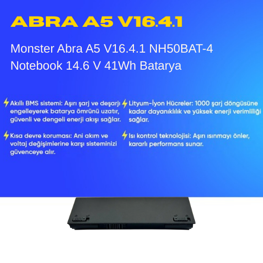 Monster Abra A5 V16.4.1 NH50BAT-4 Notebook 14.6 V 41Wh Batarya – Orjinal Uyumlu, Yüksek Performanslı