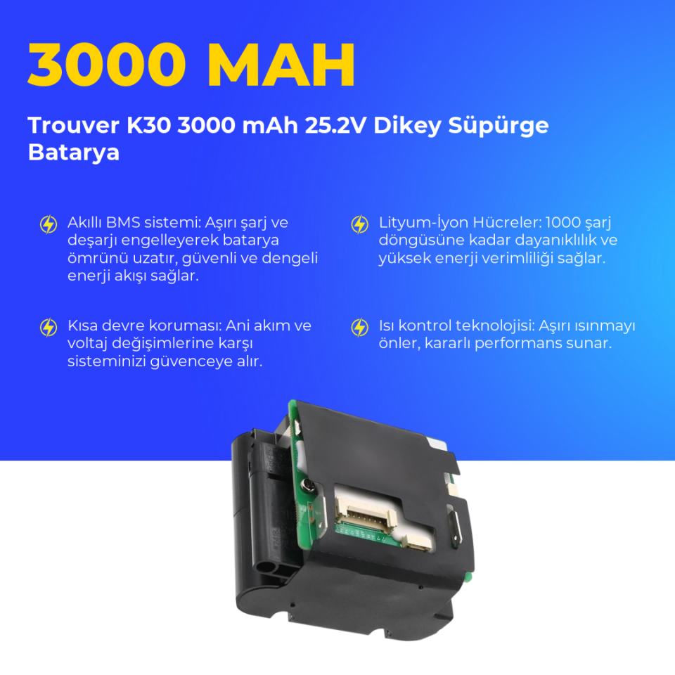 Trouver K30 3000 mAh 25.2V Dikey Süpürge Batarya