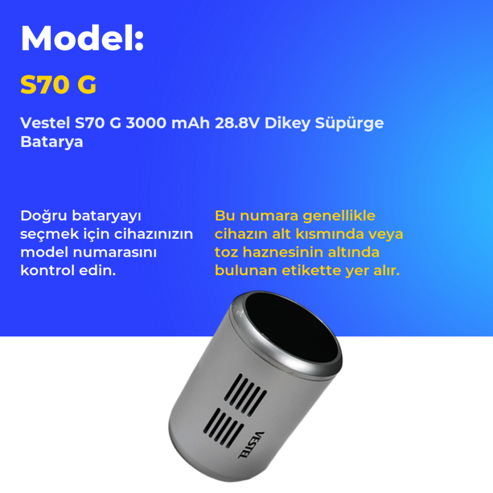 Vestel S70 G 3000 mAh 28.8V Dikey Süpürge Batarya