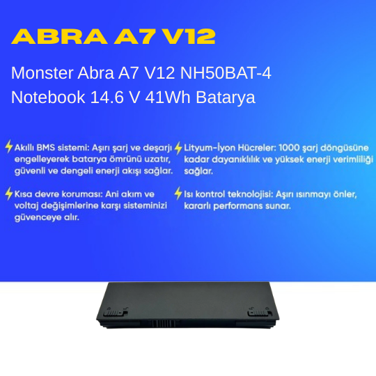 Monster Abra A7 V12 NH50BAT-4 Notebook 14.6 V 41Wh Batarya – Orjinal Uyumlu, Yüksek Performanslı