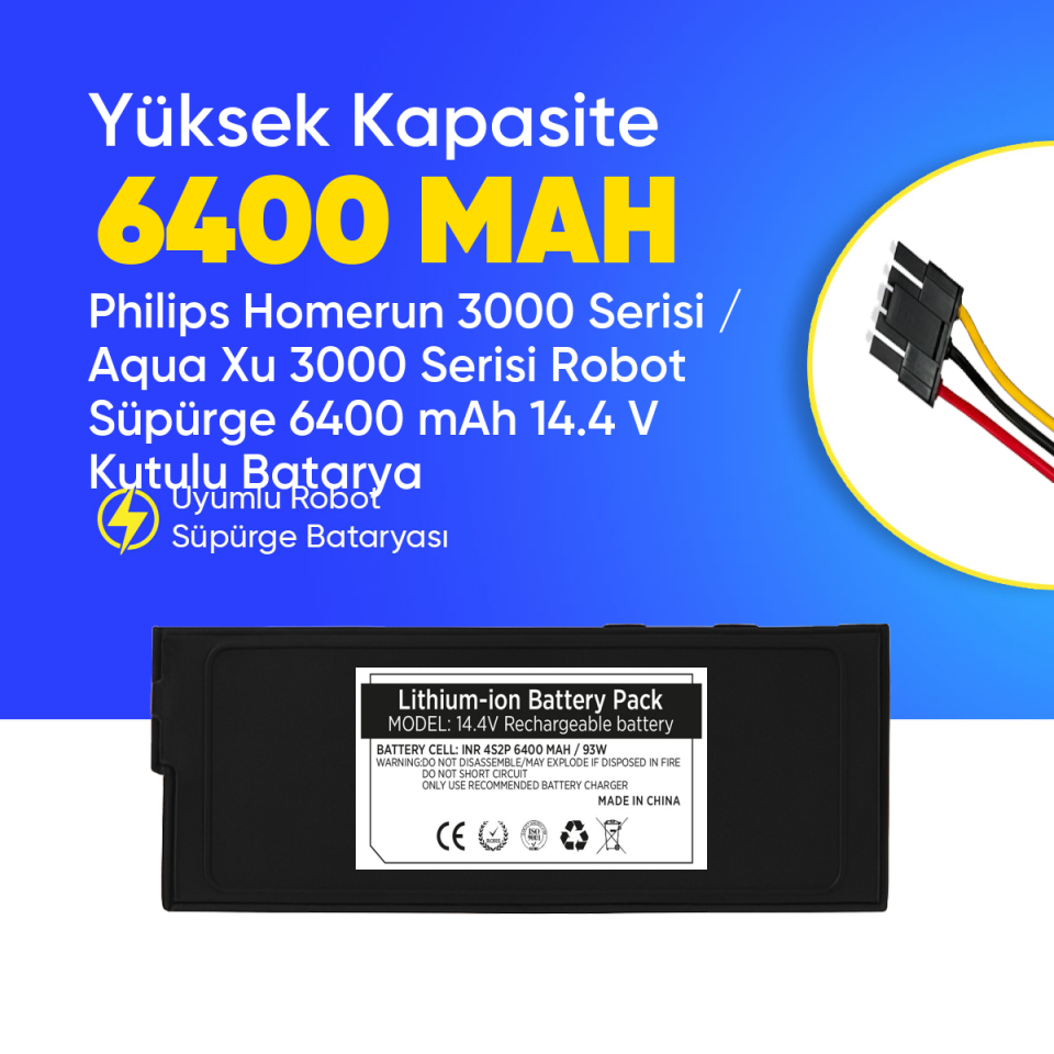 Philips Homerun 3000 Serisi / Aqua Xu 3000 Serisi Robot Süpürge 6400 mAh 14.4 V Kutulu Batarya – Orjinal Uyumlu Uzun Ömürlü, Yüksek Performans Pil