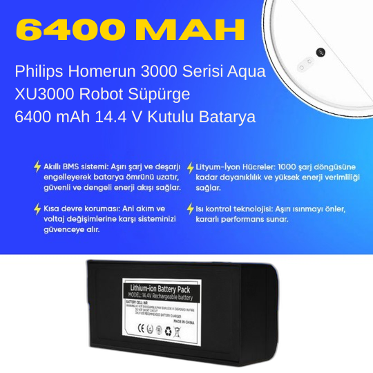 Philips Homerun 3000 Serisi / Aqua Xu 3000 Serisi Robot Süpürge 6400 mAh 14.4 V Kutulu Batarya – Orjinal Uyumlu Uzun Ömürlü, Yüksek Performans Pil