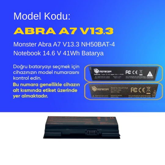 Monster Abra A7 V13.3.3 NH50BAT-4 Notebook 14.6 V 41Wh Batarya – Orjinal Uyumlu, Yüksek Performanslı