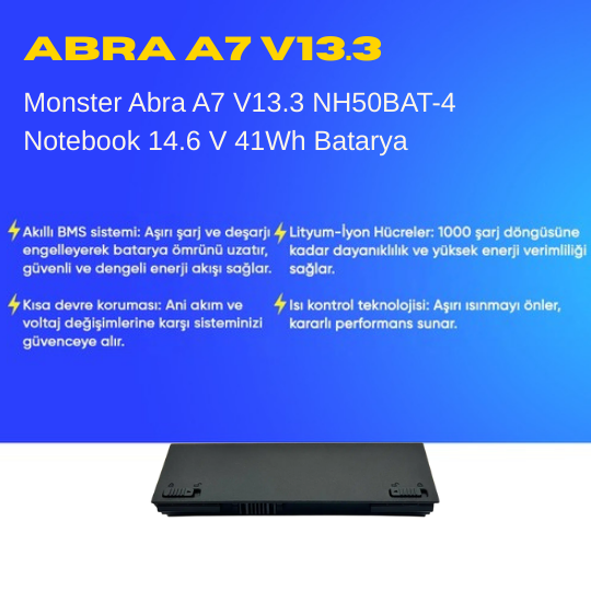 Monster Abra A7 V13.3.3 NH50BAT-4 Notebook 14.6 V 41Wh Batarya – Orjinal Uyumlu, Yüksek Performanslı