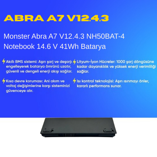 Monster Abra A7 V12.4.3 NH50BAT-4 Notebook 14.6 V 41Wh Batarya – Orjinal Uyumlu, Yüksek Performanslı
