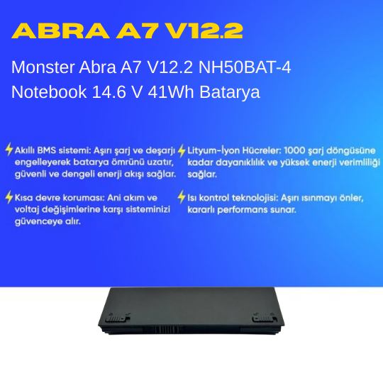 Monster Abra A7 V12.2 NH50BAT-4 Notebook 14.6 V 41Wh Batarya – Orjinal Uyumlu, Yüksek Performanslı