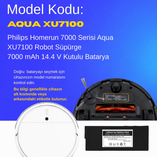 Philips Homerun 7000 Serisi Aqua XU7100 Robot Süpürge 7000 mAh 14.4 V Kutulu Batarya – Orjinal Uyumlu Uzun Ömürlü, Yüksek Performans Pil