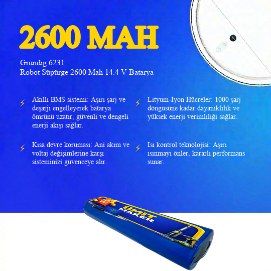 Grundig 6231 Robot Süpürge 2600 Mah 14.4 V Batarya – Orjinal Uyumlu Uzun Ömürlü, Yüksek Performans Pil