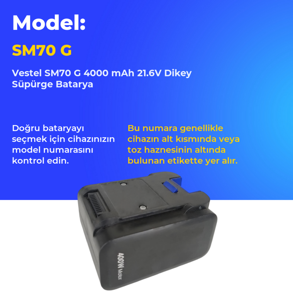Vestel SM70 G 4000 mAh 21.6V Dikey Süpürge Batarya