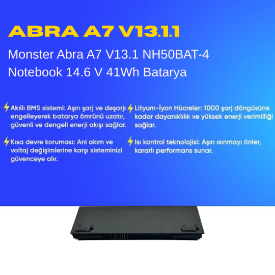 Monster Abra A7 V13.1 NH50BAT-4 Notebook 14.6 V 41Wh Batarya – Orjinal Uyumlu, Yüksek Performanslı