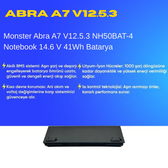 Monster Abra A7 V12.5.3 NH50BAT-4 Notebook 14.6 V 41Wh Batarya – Orjinal Uyumlu, Yüksek Performanslı