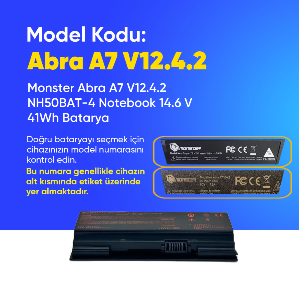 Monster Abra A7 V12.4.2 NH50BAT-4 Notebook 14.6 V 41Wh Batarya – Orjinal Uyumlu, Yüksek Performanslı