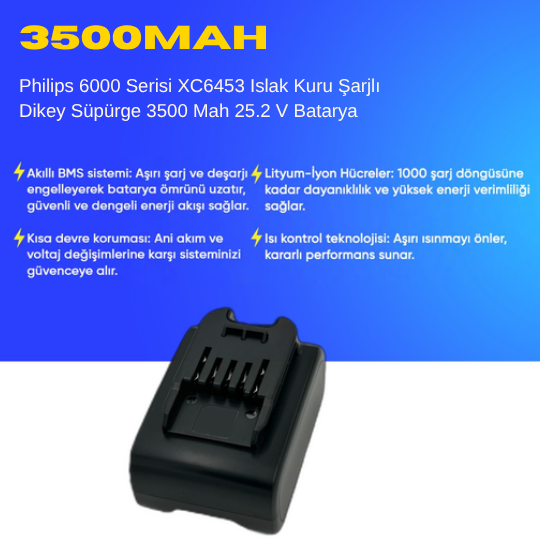 Philips 6000 Serisi XC6453 Islak Kuru Şarjlı Dikey Süpürge 3500 Mah 25.2 V Batarya – Orjinal Uyumlu Uzun Ömürlü, Maksimum Performans Pil