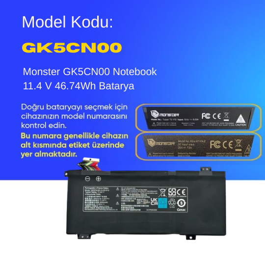 Monster Tulpar T7 V20.6.4 GK5CN-00-13-3S1P-0 Notebook 11.4 V 46.74Wh Batarya – Orjinal Uyumlu, Yüksek Performanslı