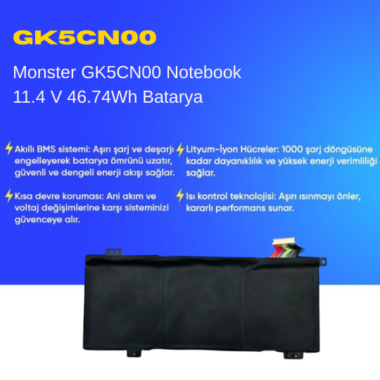 Monster Tulpar T7 V20.6.4 GK5CN-00-13-3S1P-0 Notebook 11.4 V 46.74Wh Batarya – Orjinal Uyumlu, Yüksek Performanslı