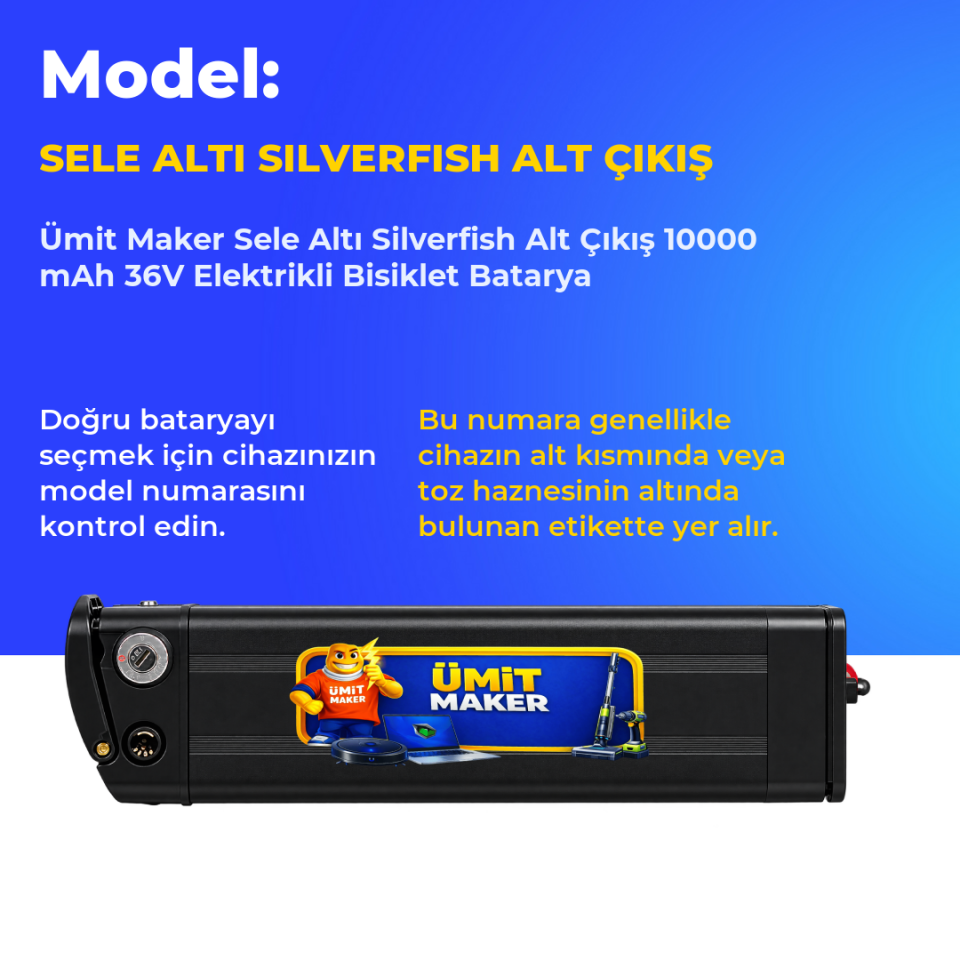 Sele Altı Silverfish Alt Çıkış 10000 mAh 36V Elektrikli Bisiklet Batarya