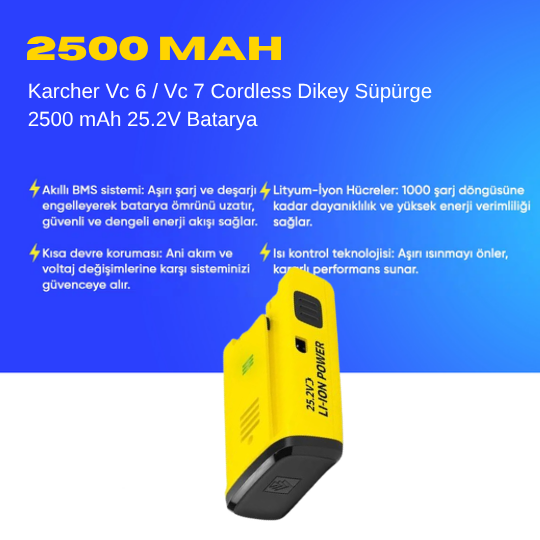 Karcher Vc 6 / Vc 7 Cordless Dikey Süpürge 2500 mAh 25.2V  Batarya – Orjinal Uyumlu Uzun Ömürlü, Yüksek Performans Pil