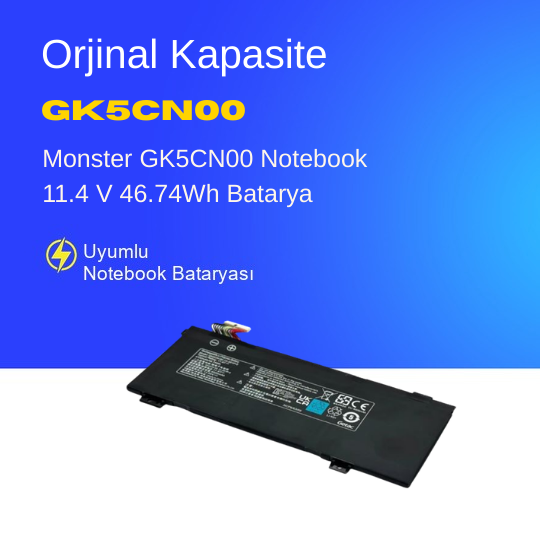 Monster GK5CN00 Notebook 11.4 V 46.74Wh Batarya – Orjinal Uyumlu, Yüksek Performanslı