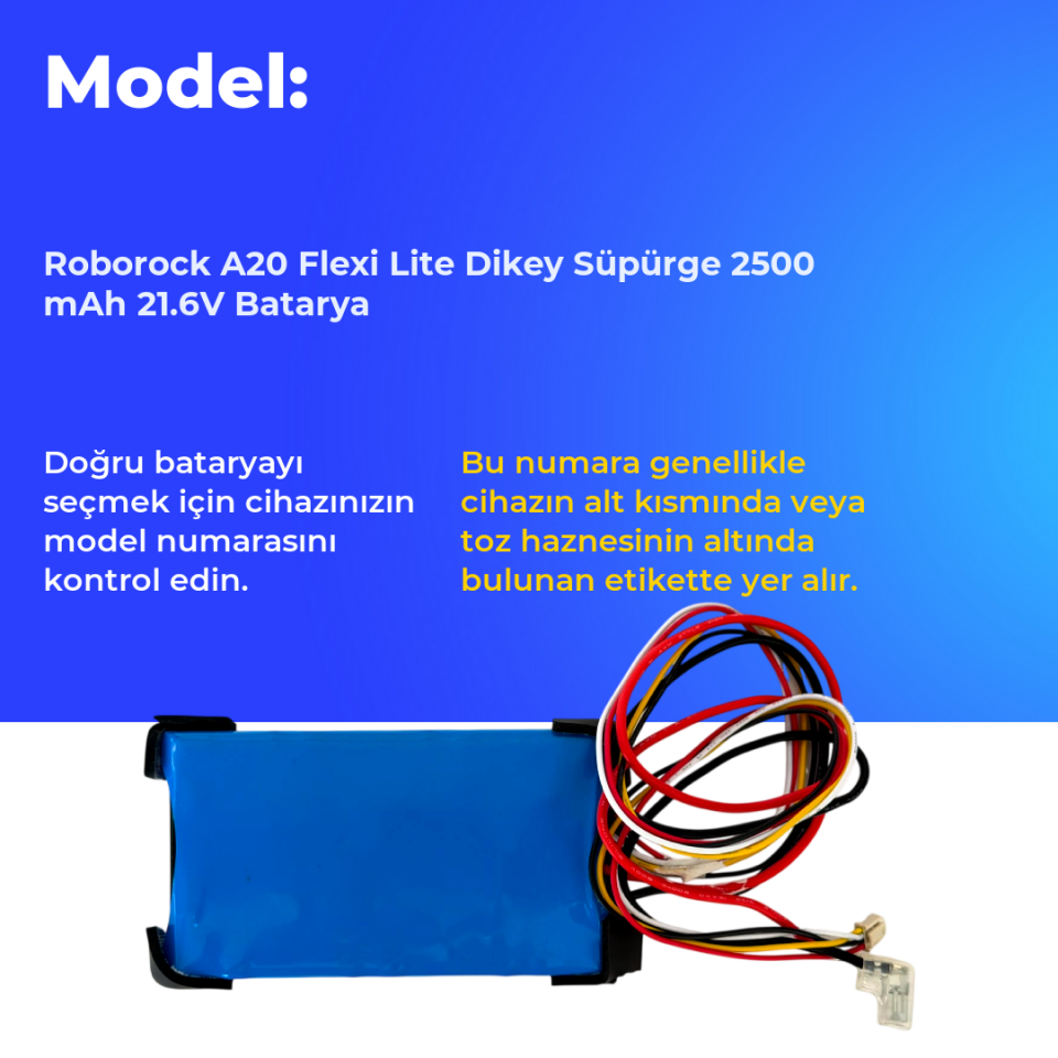 Roborock A20 Flexi Lite Dikey Süpürge 2500 mAh 21.6V Batarya