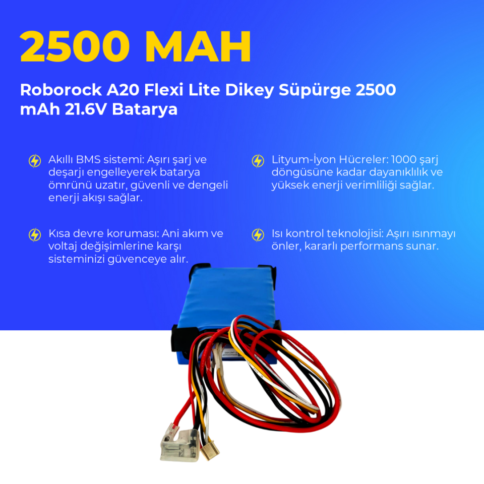 Roborock A20 Flexi Lite Dikey Süpürge 2500 mAh 21.6V Batarya