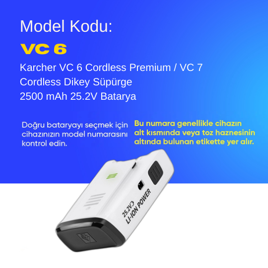 Karcher VC 6 Cordless Premium / VC 7 Cordless Dikey Süpürge 2500 mAh 25.2V  Batarya – Orjinal Uyumlu Uzun Ömürlü, Yüksek Performans Pil
