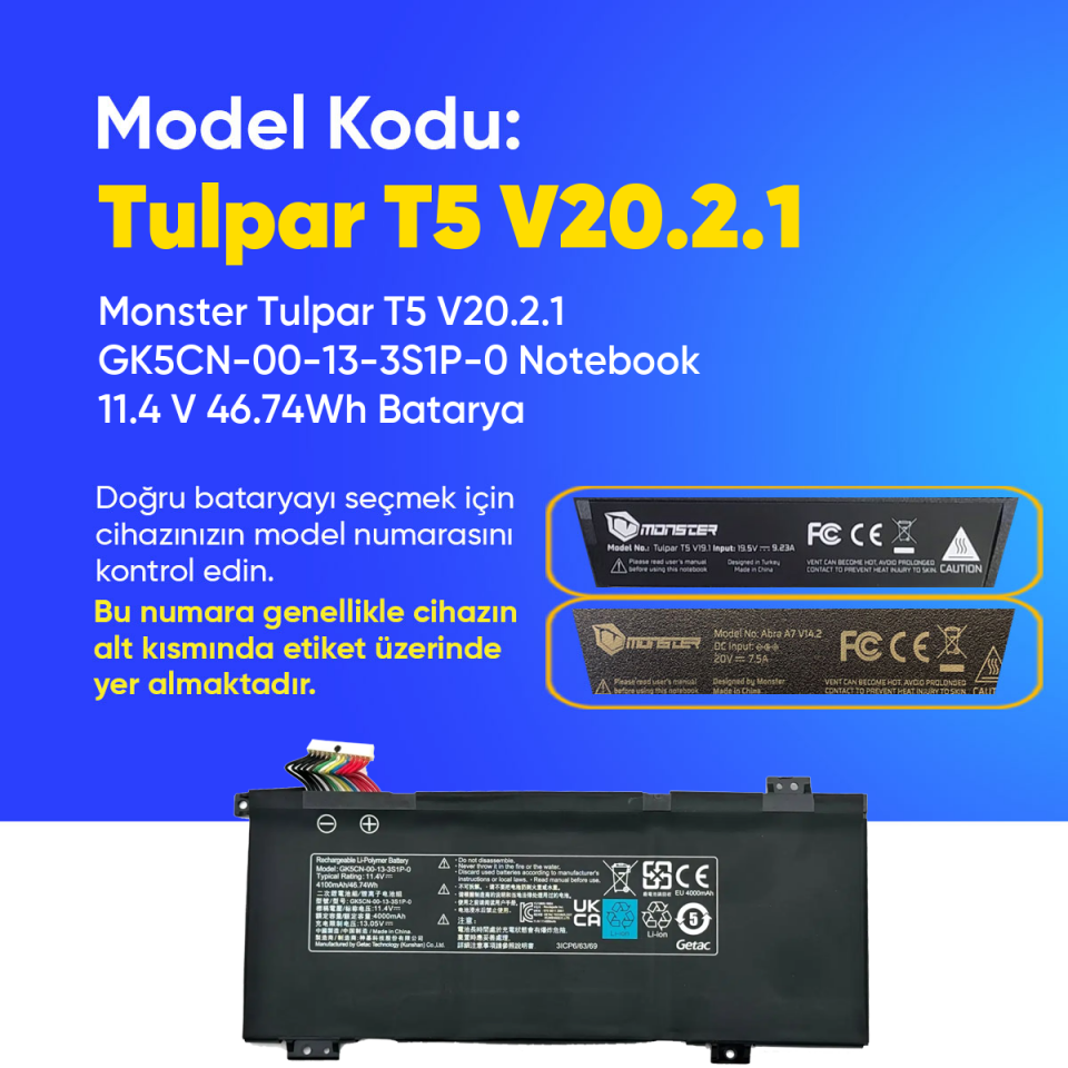 Monster Tulpar T5 V20.2.1 GK5CN-00-13-3S1P-0 Notebook 11.4 V 46.74Wh Batarya – Orjinal Uyumlu, Yüksek Performanslı