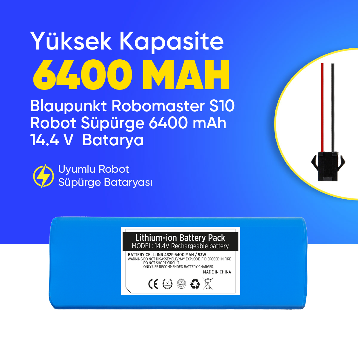 Blaupunkt Robomaster S10 Robot Süpürge 6400 mAh 14.4 V  Batarya – Orjinal Uyumlu Uzun Ömürlü, Yüksek Performans Pil