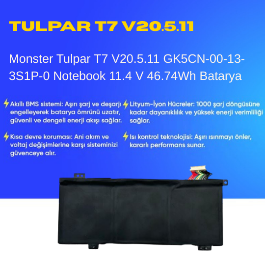 Monster Tulpar T7 V20.5.11 GK5CN-00-13-3S1P-0 Notebook 11.4 V 46.74Wh Batarya – Orjinal Uyumlu, Yüksek Performanslı