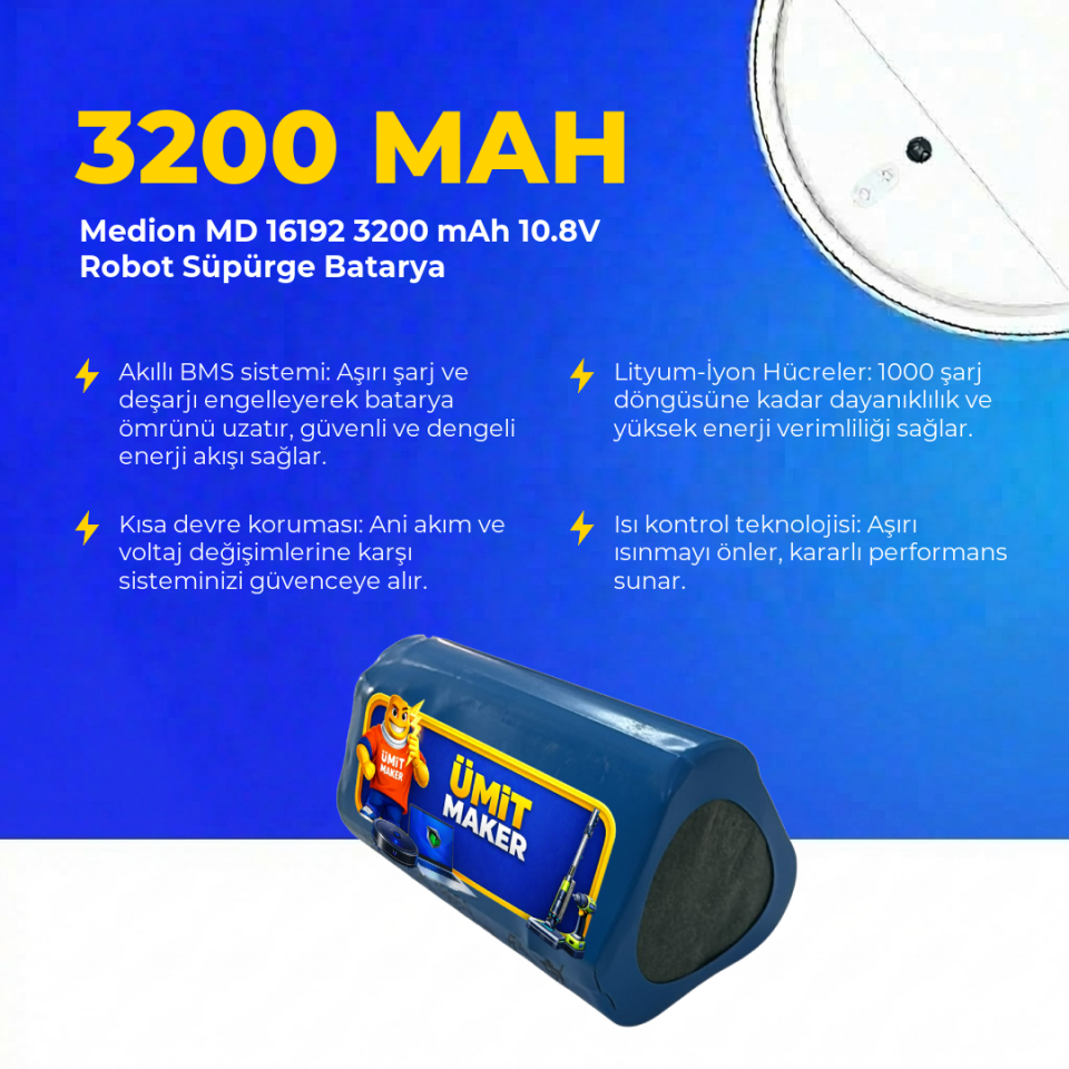 Medion MD 16192 3200 mAh 10.8V Robot Süpürge Batarya
