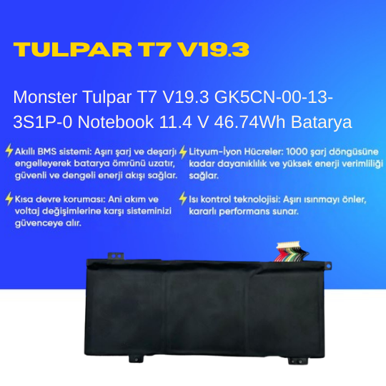 Monster Tulpar T7 V19.3 GK5CN-00-13-3S1P-0 Notebook 11.4 V 46.74Wh Batarya – Orjinal Uyumlu, Yüksek Performanslı