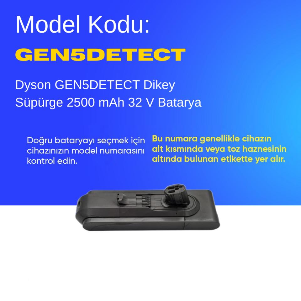 Dyson GEN5DETECT Dikey Süpürge 2500 mAh 32 V  Batarya – Orjinal Uyumlu Uzun Ömürlü, Yüksek Performans Pil