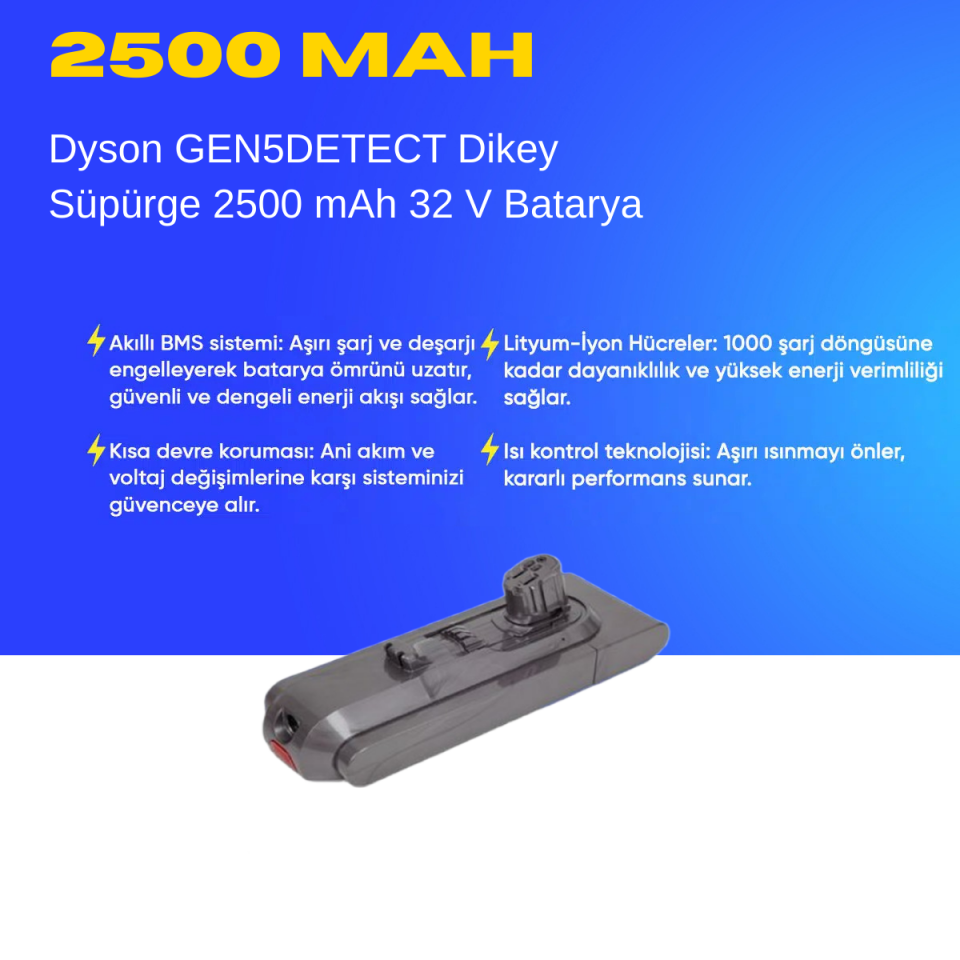 Dyson GEN5DETECT Dikey Süpürge 2500 mAh 32 V  Batarya – Orjinal Uyumlu Uzun Ömürlü, Yüksek Performans Pil