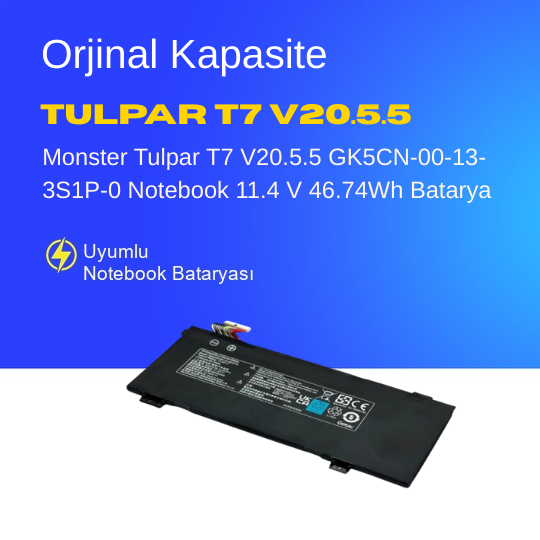 Monster Tulpar T7 V20.5.5 GK5CN-00-13-3S1P-0 Notebook 11.4 V 46.74Wh Batarya – Orjinal Uyumlu, Yüksek Performanslı