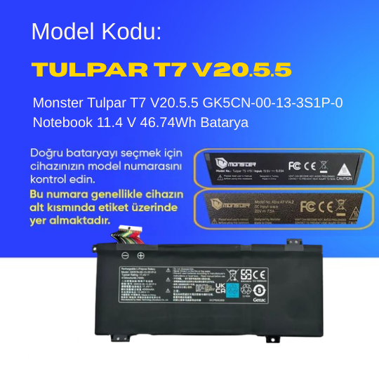 Monster Tulpar T7 V20.5.5 GK5CN-00-13-3S1P-0 Notebook 11.4 V 46.74Wh Batarya – Orjinal Uyumlu, Yüksek Performanslı