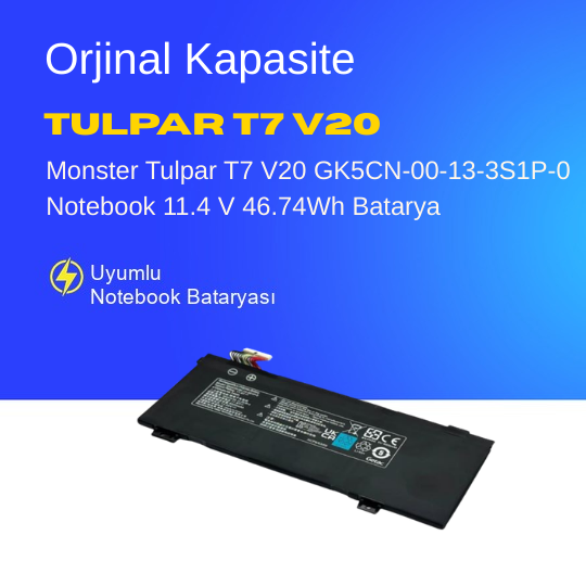Monster Tulpar T7 V20 GK5CN-00-13-3S1P-0 Notebook 11.4 V 46.74Wh Batarya – Orjinal Uyumlu, Yüksek Performanslı