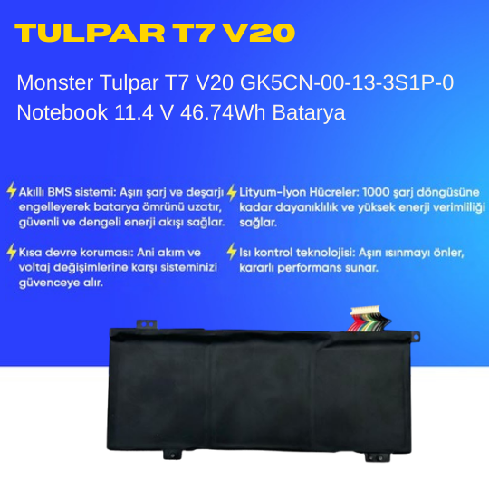 Monster Tulpar T7 V20 GK5CN-00-13-3S1P-0 Notebook 11.4 V 46.74Wh Batarya – Orjinal Uyumlu, Yüksek Performanslı