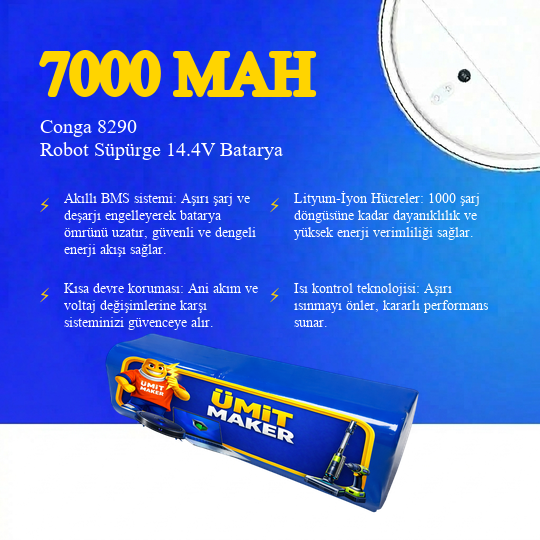 Conga 8290 Robot Süpürge 7000 mAh Batarya