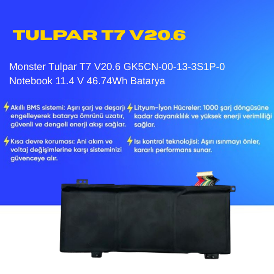 Monster Tulpar T7 V20.6 GK5CN-00-13-3S1P-0 Notebook 11.4 V  46.74Wh Batarya – Orjinal Uyumlu, Yüksek Performanslı