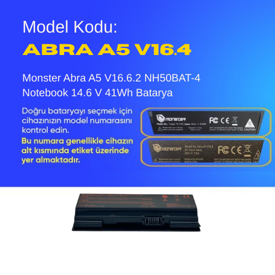 Monster Abra A5 V16.6.2 NH50BAT-4 Notebook 14.6 V 41Wh Batarya – Orjinal Uyumlu, Yüksek Performanslı