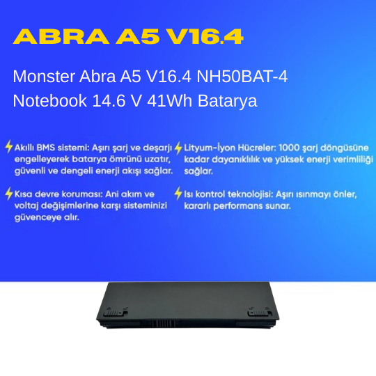 Monster Abra A5 V16.4 NH50BAT-4 Notebook 14.6 V 41Wh Batarya – Orjinal Uyumlu, Yüksek Performanslı