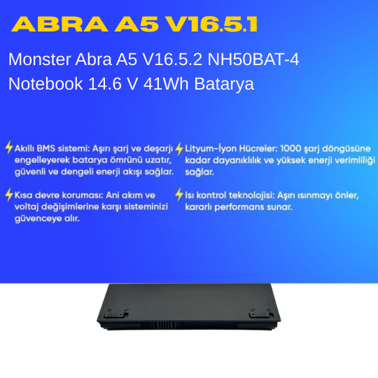 Monster Abra A5 V16.5.2 NH50BAT-4 Notebook 14.6 V 41Wh Batarya – Orjinal Uyumlu, Yüksek Performanslı