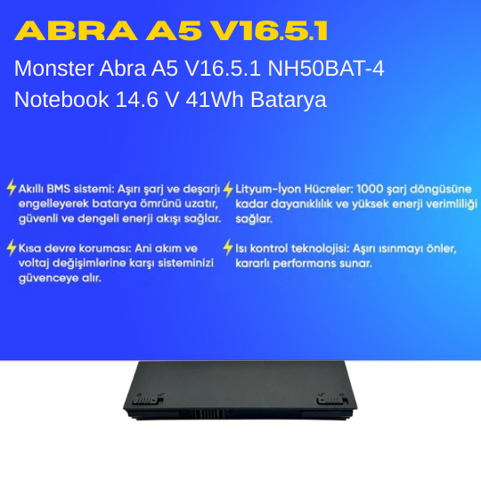 Monster Abra A5 V16.5.1 NH50BAT-4 Notebook 14.6 V 41Wh Batarya – Orjinal Uyumlu, Yüksek Performanslı