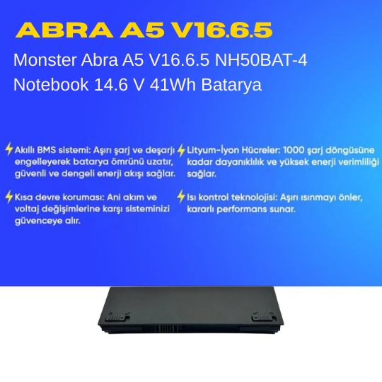 Monster Abra A5 V16.6.5 NH50BAT-4 Notebook 14.6 V 41Wh Batarya – Orjinal Uyumlu, Yüksek Performanslı