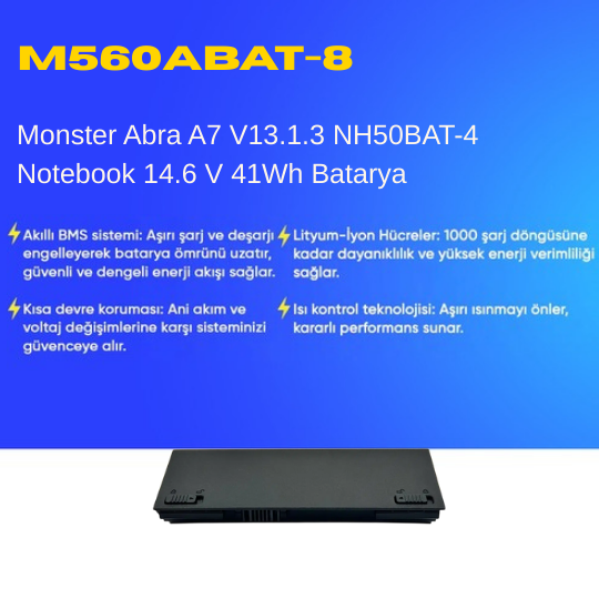 Monster Abra A7 V13.1.3 NH50BAT-4 Notebook 14.6 V 41Wh Batarya – Orjinal Uyumlu, Yüksek Performanslı