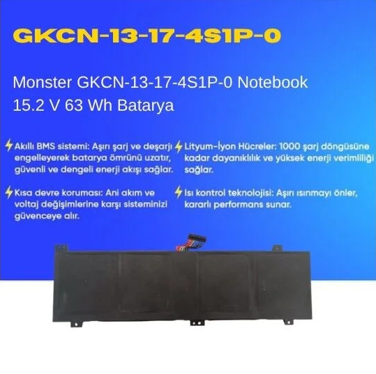 Monster GKCN-13-17-4S1P-0 Notebook 15.2 V 63 Wh Batarya – Orijinal Uyumlu, Yüksek Performanslı