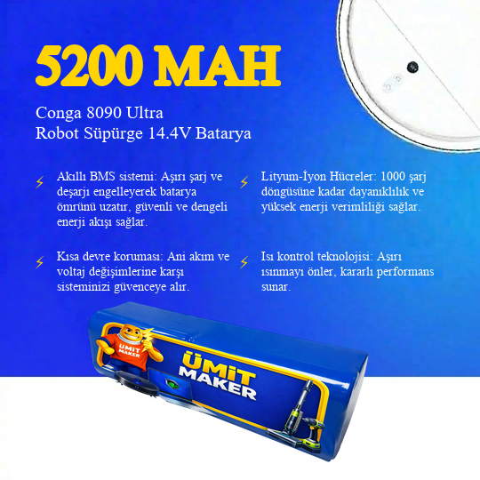 Conga 8090 Ultra Robot Süpürge 5200 mAh Batarya
