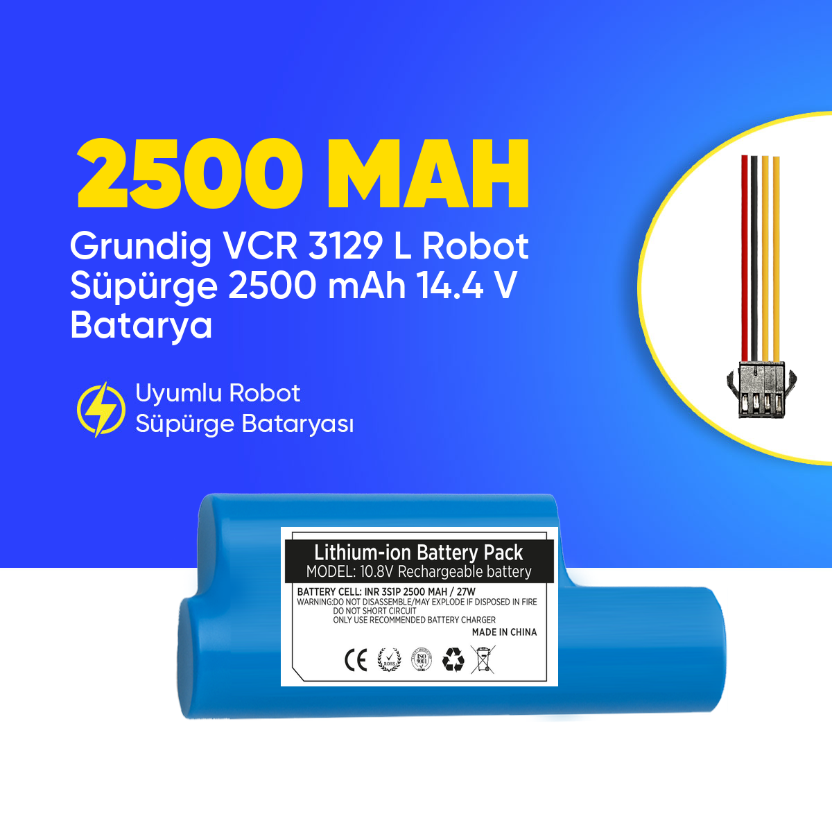 Grundig VCR 3129 L Robot Süpürge 2500 mAh 10,8 V  Batarya – Orjinal Uyumlu Uzun Ömürlü, Yüksek Performans Pil