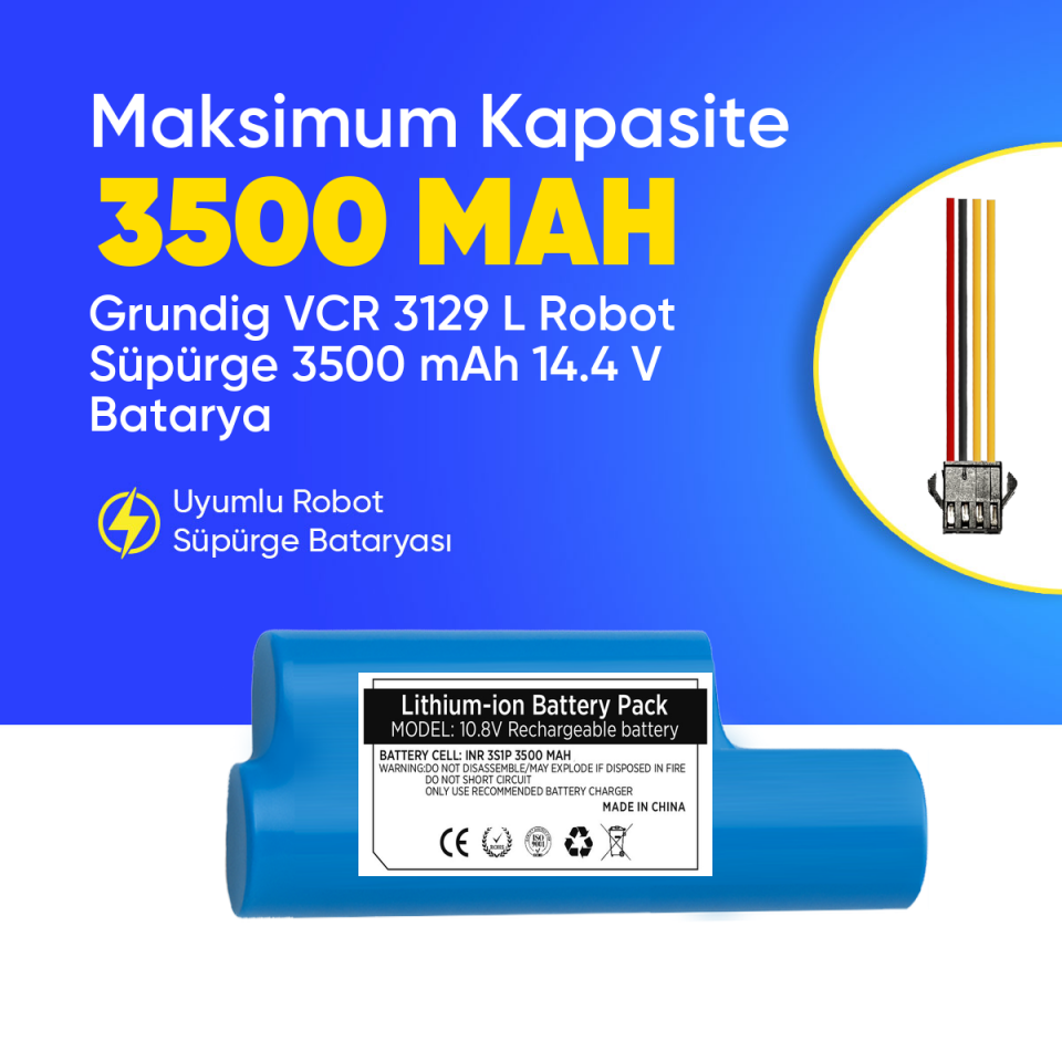 Grundig VCR 3129 L Robot Süpürge 3500 mAh 10,8 V  Batarya – Orjinal Uyumlu Uzun Ömürlü, Yüksek Performans Pil