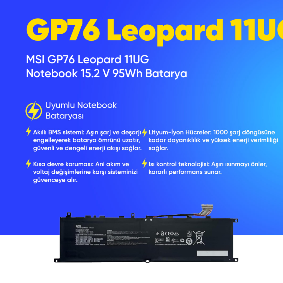 MSI GP76 Leopard 11UG Notebook 15.2 V 95Wh Batarya – Orjinal Uyumlu, Yüksek Performanslı